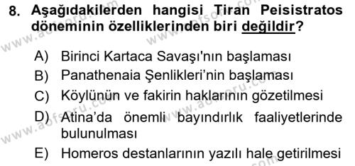 Hellen ve Roma Tarihi Dersi 2022 - 2023 Yılı (Vize) Ara Sınavı 8. Soru