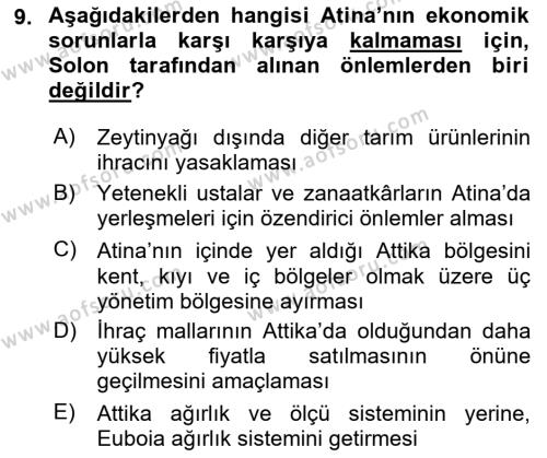 Hellen ve Roma Tarihi Dersi 2022 - 2023 Yılı (Vize) Ara Sınavı 9. Soru