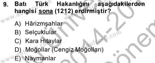 İlk Müslüman Türk Devletleri Dersi 2014 - 2015 Yılı (Final) Dönem Sonu Sınavı 9. Soru