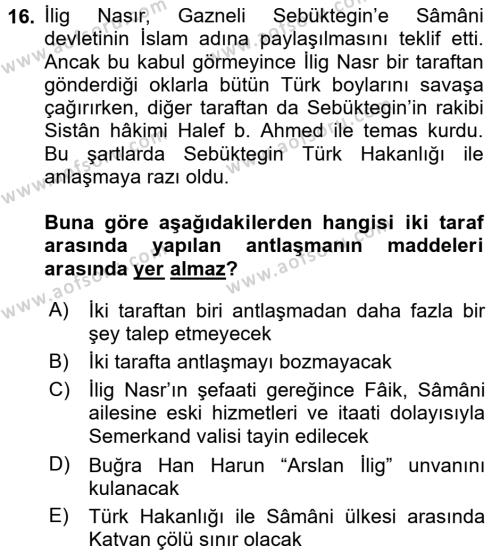 İlk Müslüman Türk Devletleri Dersi 2016 - 2017 Yılı (Vize) Ara Sınavı 16. Soru