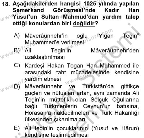 İlk Müslüman Türk Devletleri Dersi 2016 - 2017 Yılı (Vize) Ara Sınavı 18. Soru