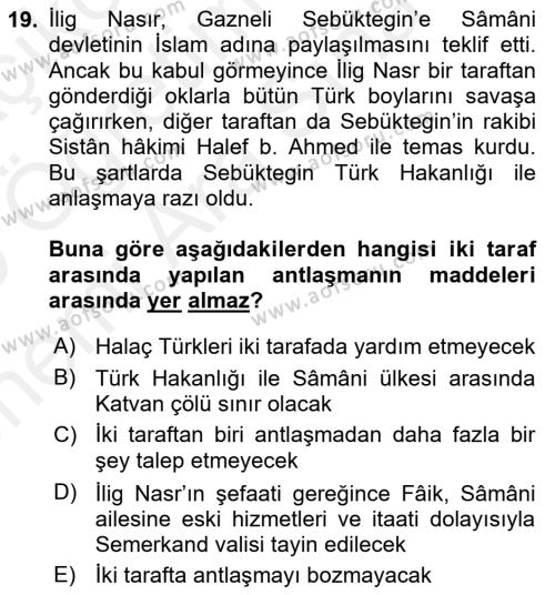 İlk Müslüman Türk Devletleri Dersi 2018 - 2019 Yılı (Vize) Ara Sınavı 19. Soru