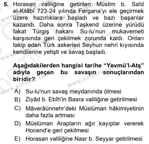 İlk Müslüman Türk Devletleri Dersi 2018 - 2019 Yılı (Vize) Ara Sınavı 5. Soru