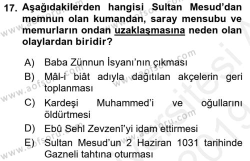İlk Müslüman Türk Devletleri Dersi 2018 - 2019 Yılı (Final) Dönem Sonu Sınavı 17. Soru