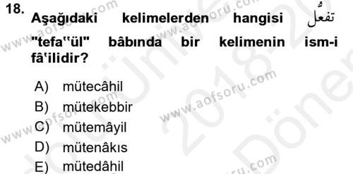 Osmanlı Türkçesi 1 Dersi 2018 - 2019 Yılı (Final) Dönem Sonu Sınavı 18. Soru