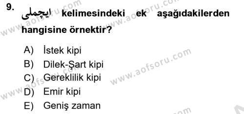 Osmanlı Türkçesi 1 Dersi 2021 - 2022 Yılı (Final) Dönem Sonu Sınavı 9. Soru