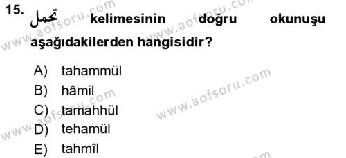 Osmanlı Türkçesi 1 Dersi 2021 - 2022 Yılı Yaz Okulu Sınavı 15. Soru