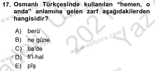 Osmanlı Türkçesi 1 Dersi 2021 - 2022 Yılı Yaz Okulu Sınavı 17. Soru