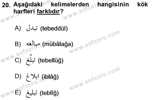 Osmanlı Türkçesi 1 Dersi 2021 - 2022 Yılı Yaz Okulu Sınavı 20. Soru