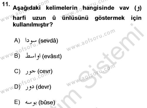 Osmanlı Türkçesi 1 Dersi 2022 - 2023 Yılı Yaz Okulu Sınavı 11. Soru