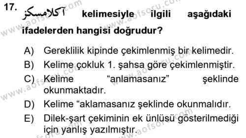 Osmanlı Türkçesi 1 Dersi 2022 - 2023 Yılı Yaz Okulu Sınavı 17. Soru