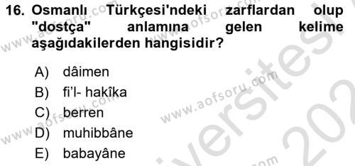 Osmanlı Türkçesi 1 Dersi 2023 - 2024 Yılı (Vize) Ara Sınavı 16. Soru