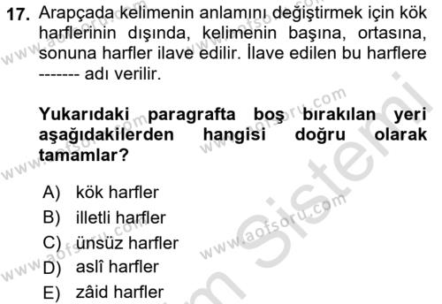 Osmanlı Türkçesi 1 Dersi 2023 - 2024 Yılı (Final) Dönem Sonu Sınavı 17. Soru