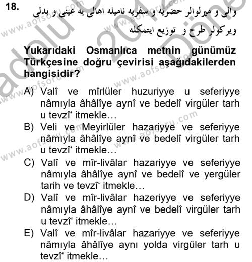 Osmanlı Türkçesi 2 Dersi 2012 - 2013 Yılı (Final) Dönem Sonu Sınavı 18. Soru