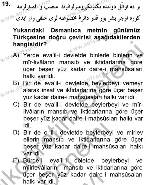 Osmanlı Türkçesi 2 Dersi 2012 - 2013 Yılı (Final) Dönem Sonu Sınavı 19. Soru