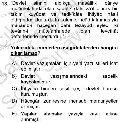 Osmanlı Türkçesi 2 Dersi 2015 - 2016 Yılı (Final) Dönem Sonu Sınavı 13. Soru