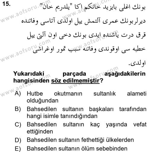 Osmanlı Türkçesi 2 Dersi 2015 - 2016 Yılı (Final) Dönem Sonu Sınavı 15. Soru