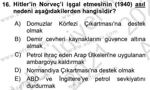 Siyasi Tarih Dersi 2021 - 2022 Yılı (Vize) Ara Sınavı 16. Soru