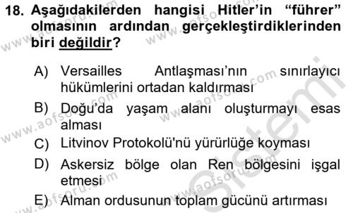 Siyasi Tarih Dersi 2021 - 2022 Yılı (Vize) Ara Sınavı 18. Soru