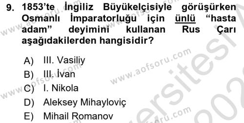 Siyasi Tarih Dersi 2021 - 2022 Yılı (Vize) Ara Sınavı 9. Soru