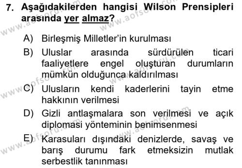 Siyasi Tarih Dersi 2023 - 2024 Yılı Yaz Okulu Sınavı 7. Soru