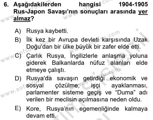 Siyasi Tarih Dersi 2024 - 2025 Yılı (Vize) Ara Sınavı 6. Soru