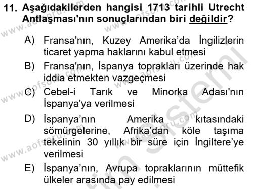 Siyasi Tarih 1 Dersi 2019 - 2020 Yılı (Vize) Ara Sınavı 11. Soru