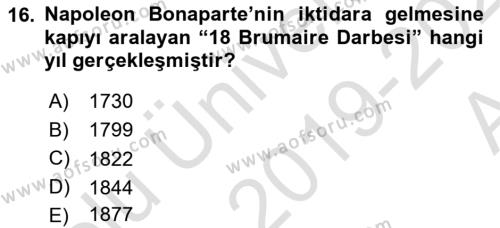 Siyasi Tarih 1 Dersi 2019 - 2020 Yılı (Vize) Ara Sınavı 16. Soru