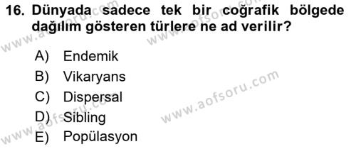 Genel Biyoloji Dersi 2021 - 2022 Yılı (Vize) Ara Sınavı 16. Soru