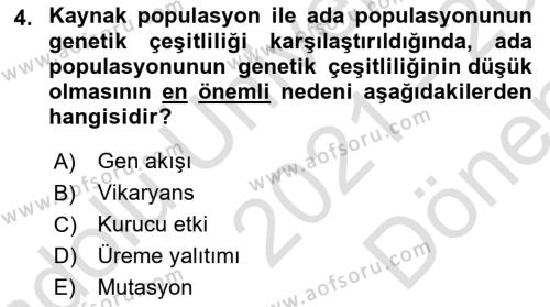 Genel Biyoloji Dersi 2021 - 2022 Yılı (Final) Dönem Sonu Sınavı 4. Soru