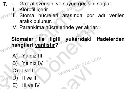 Genel Biyoloji Dersi 2021 - 2022 Yılı (Final) Dönem Sonu Sınavı 7. Soru