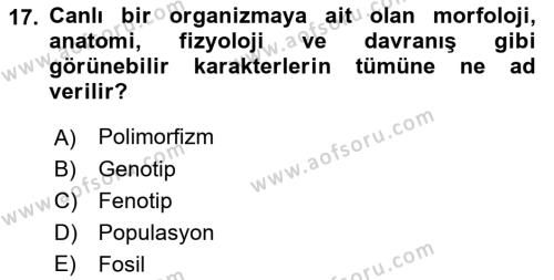 Genel Biyoloji Dersi 2022 - 2023 Yılı (Vize) Ara Sınavı 17. Soru