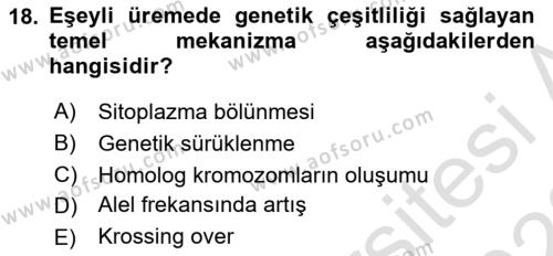 Genel Biyoloji Dersi 2022 - 2023 Yılı (Vize) Ara Sınavı 18. Soru