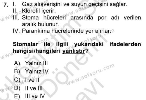 Genel Biyoloji Dersi 2022 - 2023 Yılı (Final) Dönem Sonu Sınavı 7. Soru