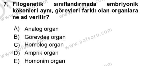 Genel Biyoloji Dersi 2022 - 2023 Yılı Yaz Okulu Sınavı 7. Soru
