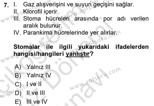 Genel Biyoloji Dersi 2023 - 2024 Yılı (Final) Dönem Sonu Sınavı 7. Soru