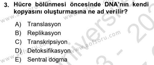 Genel Biyoloji Dersi 2023 - 2024 Yılı Yaz Okulu Sınavı 3. Soru