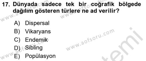 Genel Biyoloji Dersi 2024 - 2025 Yılı (Vize) Ara Sınavı 17. Soru