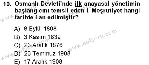 Atatürk İlkeleri Ve İnkılap Tarihi 1 Dersi 2012 - 2013 Yılı (Vize) Ara Sınavı 10. Soru