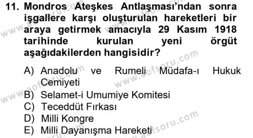 Atatürk İlkeleri Ve İnkılap Tarihi 1 Dersi 2012 - 2013 Yılı (Final) Dönem Sonu Sınavı 11. Soru