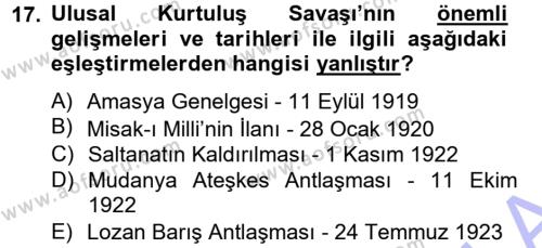 Atatürk İlkeleri Ve İnkılap Tarihi 1 Dersi 2012 - 2013 Yılı (Final) Dönem Sonu Sınavı 17. Soru