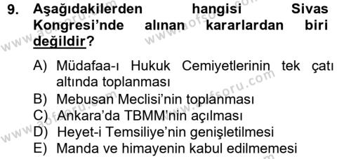 Atatürk İlkeleri Ve İnkılap Tarihi 1 Dersi 2012 - 2013 Yılı (Final) Dönem Sonu Sınavı 9. Soru