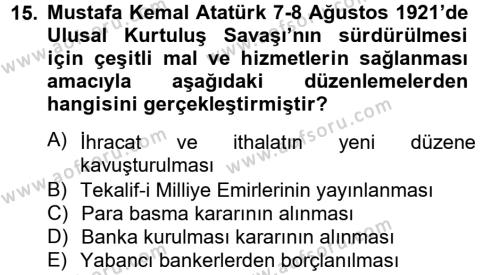 Atatürk İlkeleri Ve İnkılap Tarihi 1 Dersi 2013 - 2014 Yılı Tek Ders Sınavı 15. Soru