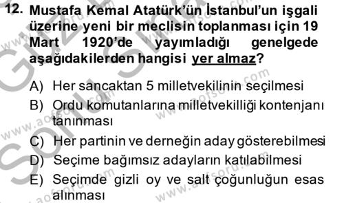 Atatürk İlkeleri Ve İnkılap Tarihi 1 Dersi 2014 - 2015 Yılı (Final) Dönem Sonu Sınavı 12. Soru
