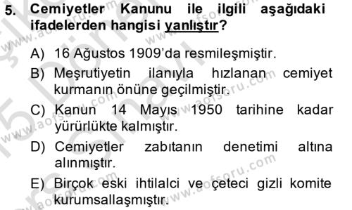 Atatürk İlkeleri Ve İnkılap Tarihi 1 Dersi 2014 - 2015 Yılı Tek Ders Sınavı 5. Soru