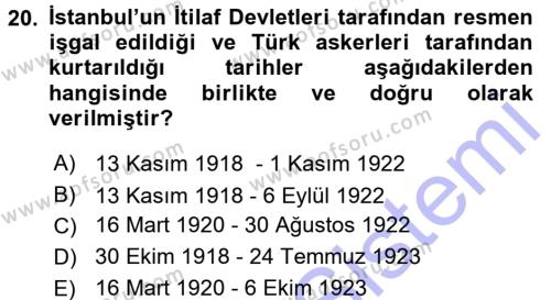 Atatürk İlkeleri Ve İnkılap Tarihi 1 Dersi 2015 - 2016 Yılı (Final) Dönem Sonu Sınavı 20. Soru