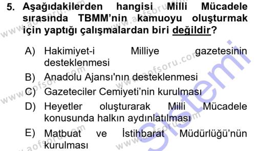 Atatürk İlkeleri Ve İnkılap Tarihi 1 Dersi 2015 - 2016 Yılı (Final) Dönem Sonu Sınavı 5. Soru