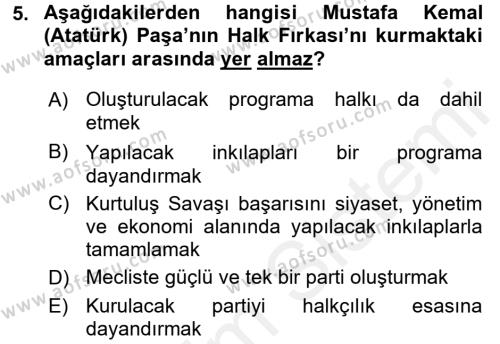Atatürk İlkeleri Ve İnkılap Tarihi 1 Dersi 2017 - 2018 Yılı 3 Ders Sınavı 5. Soru