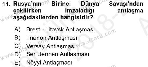 Atatürk İlkeleri Ve İnkılap Tarihi 1 Dersi 2018 - 2019 Yılı (Vize) Ara Sınavı 11. Soru