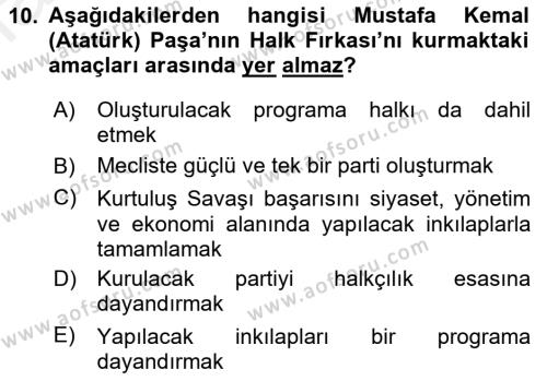 Atatürk İlkeleri Ve İnkılap Tarihi 1 Dersi 2018 - 2019 Yılı (Final) Dönem Sonu Sınavı 10. Soru